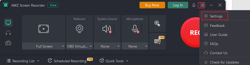 Access Settings of AWZ Screen Recorder