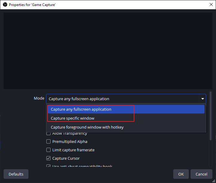 Select the Mode for the game capture in OBS