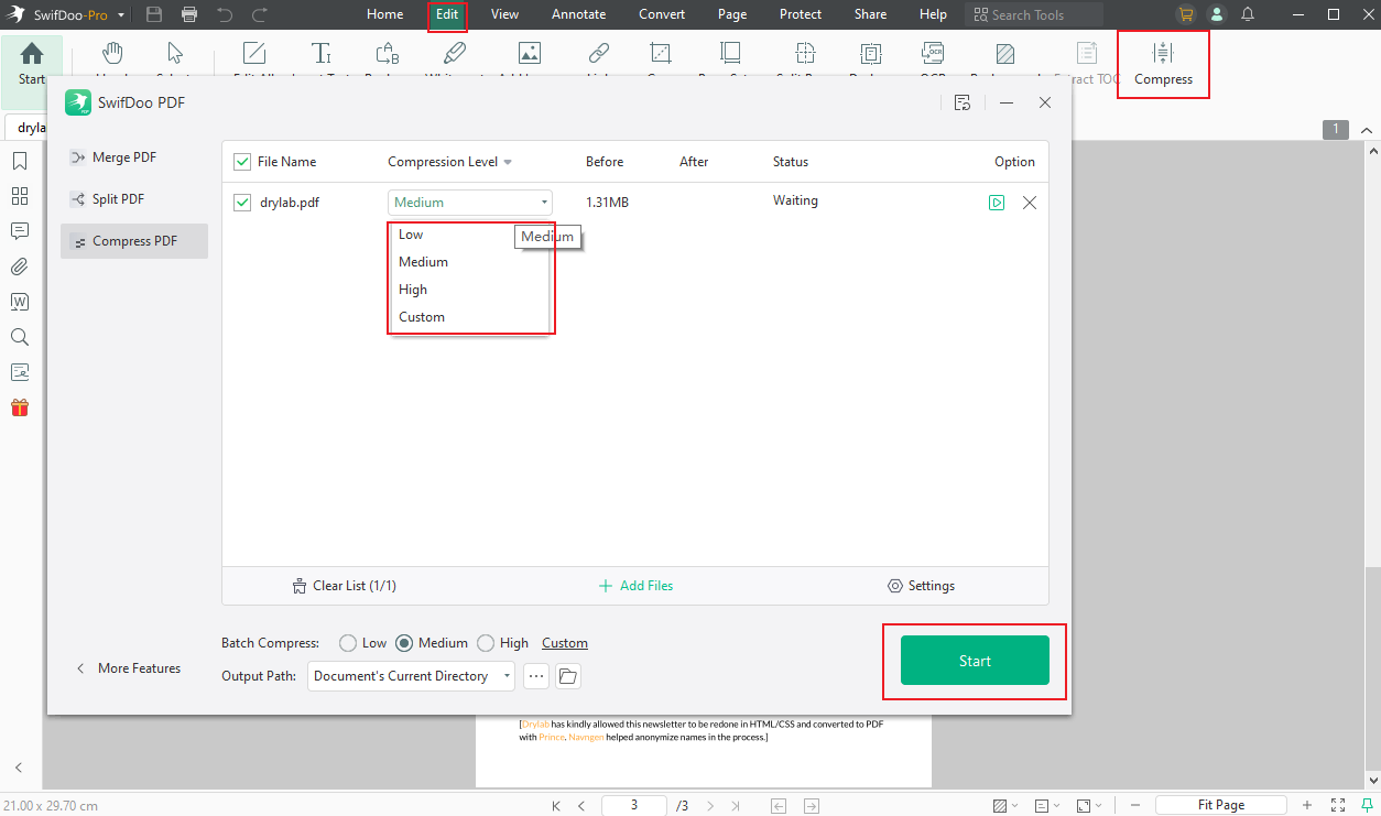 Click the Compress option to set the Compression Level in SwifDoo PDF to resize PDF