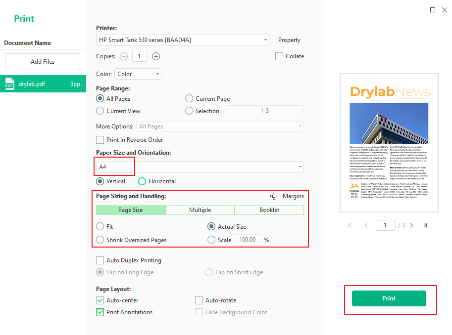 Set the page size in the Print window of SwifDoo PDF