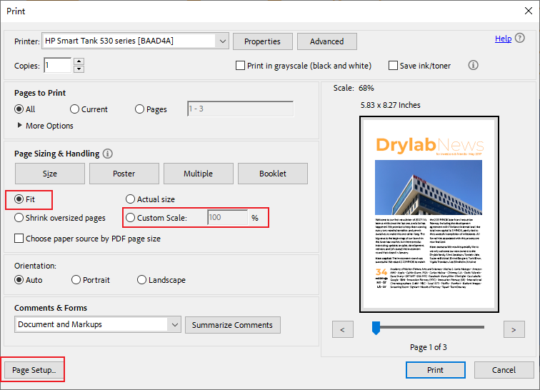 Set the Page Sizing & Handling settings and Page Setup in Adobe Acrobat Reader