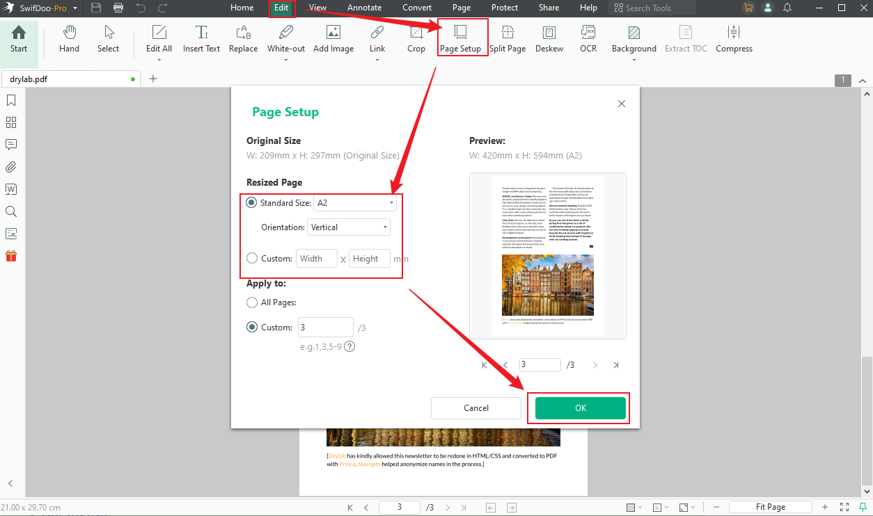 Choose the Page Setup option to set the resized page size in SwifDoo PDF