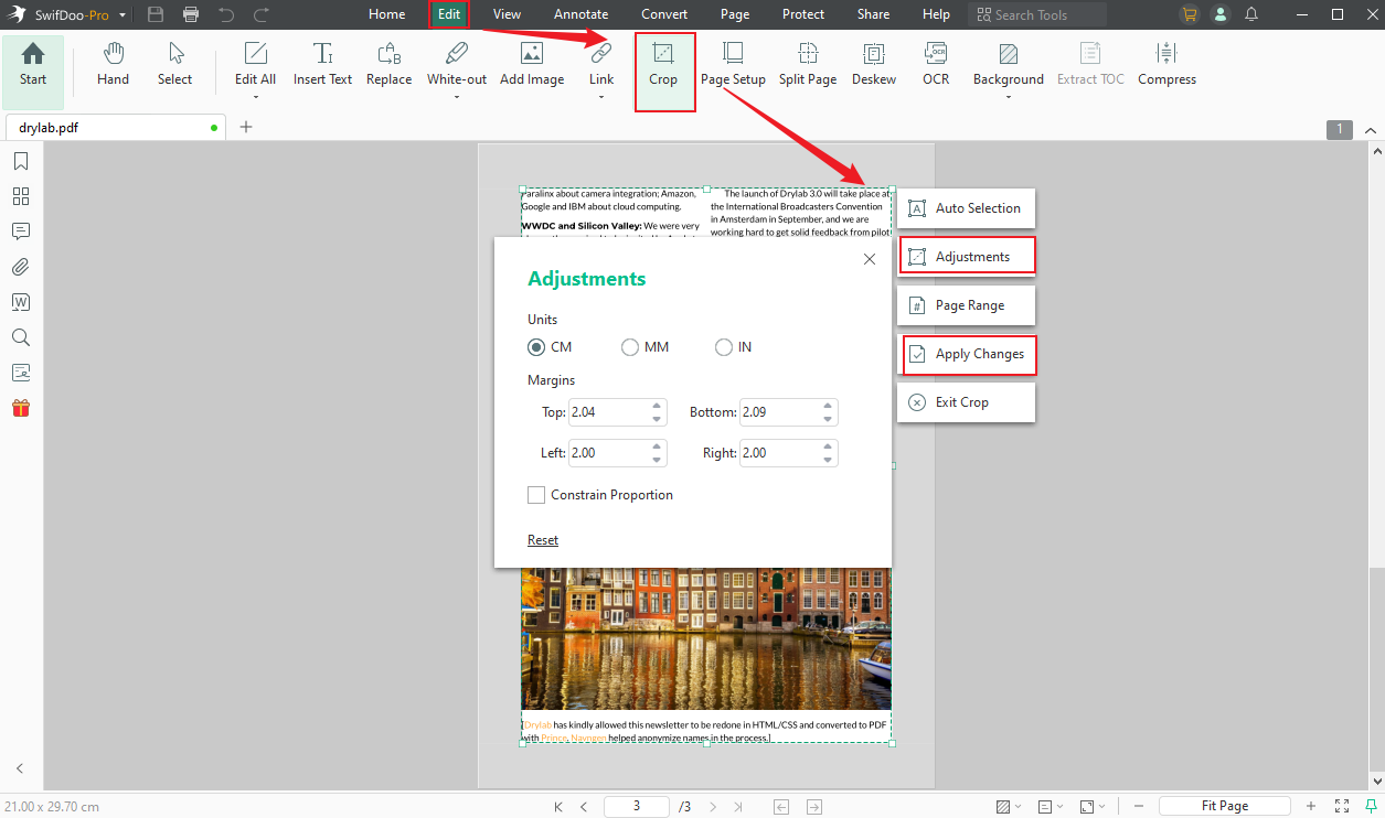 Click the Crop option to resize the PDF page in SwifDoo PDF