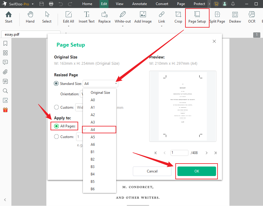 Choose the Page Setup option and set Standard Size to A4 for all PDF pages in SwifDoo PDF