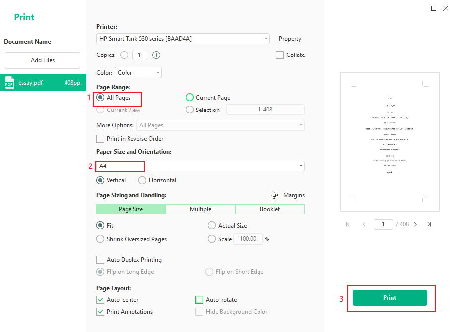 Set the Paper Size to A4 for all PDF pages and click the Print button in SwifDoo PDF