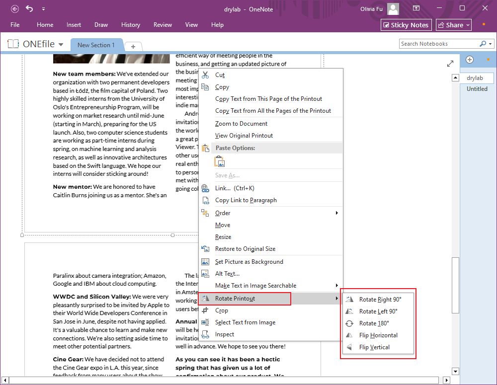 Right-click on the target PDF printout and make a choice from the Rotate Printout list in OneNote