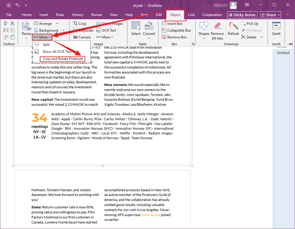 Click Object and choose the Crop and Rotate Printouts option from the More menu in the Printout section of OneNote