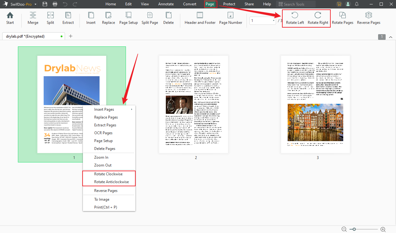 Go to Page to choose the Rotate Left or Rotate Right option, or right-click on the target page to rotate clockwise or anticlockwise in SwifDoo PDF