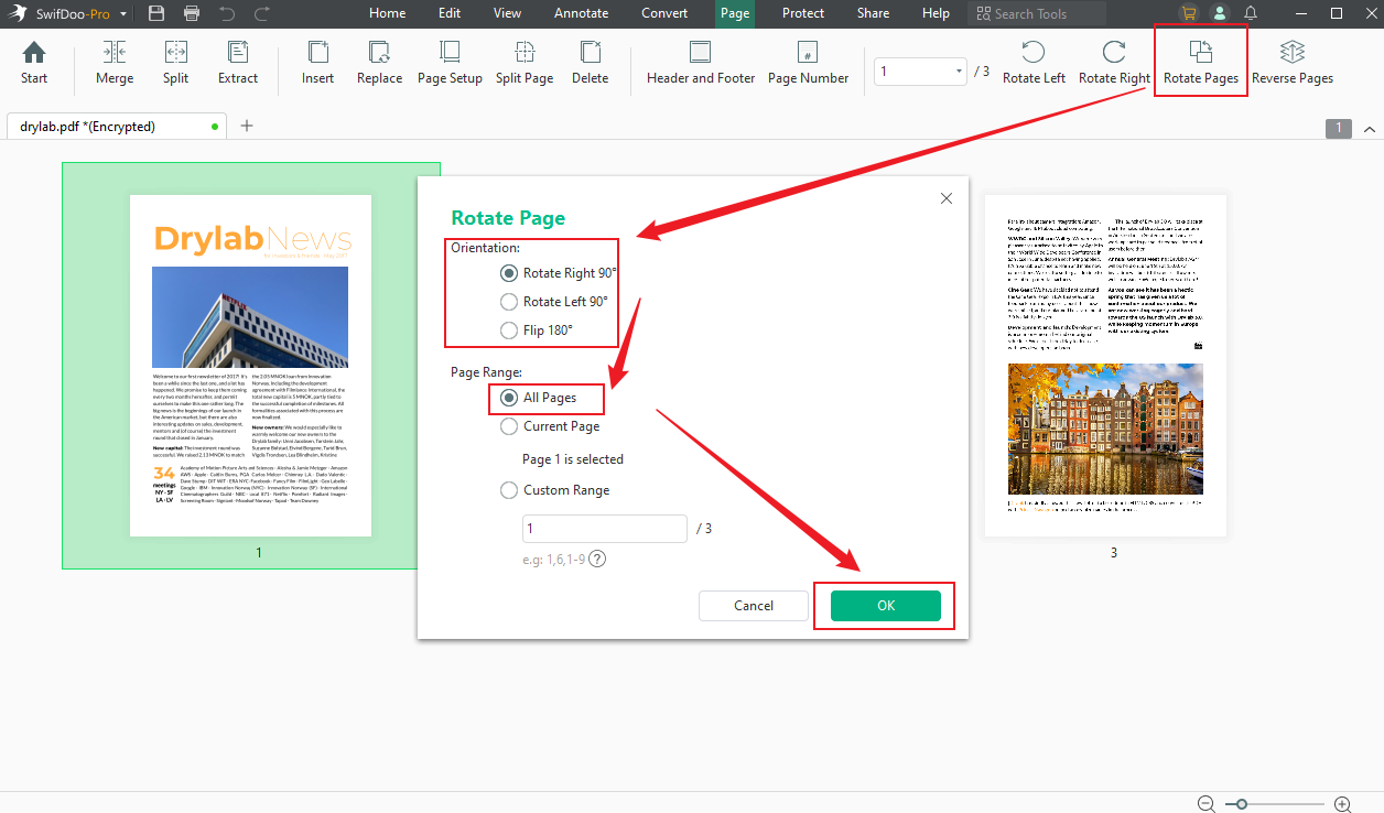Click Rotate Pages and tick the All Pages option in SwifDoo PDF