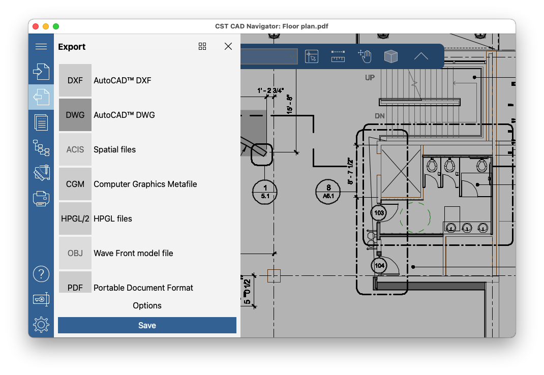 Save PDF as DWG with CST CAD Navigator on Mac