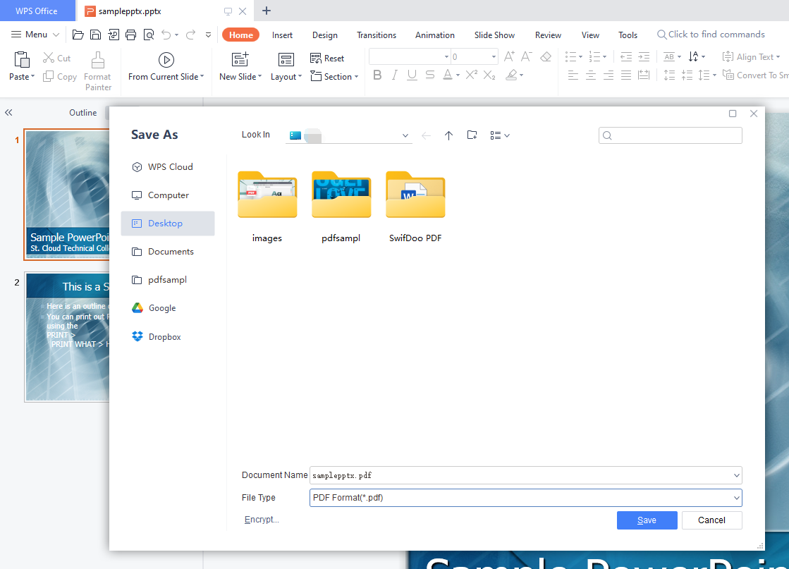 Save PPTX as PDF in WPS Office
