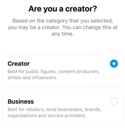 Choose Creator or Business