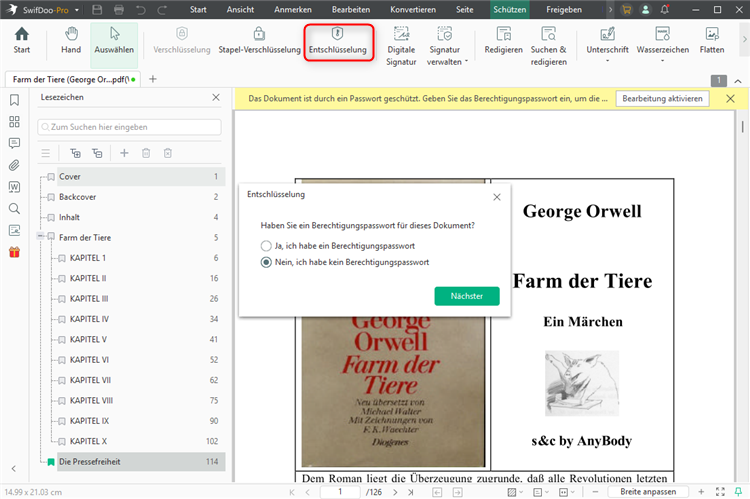 Auf „Entschlüsselung“ klicken - SwifDoo PDF
