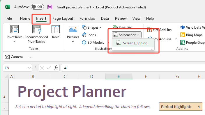 Screenshot in Excel Using Screen Clipping
