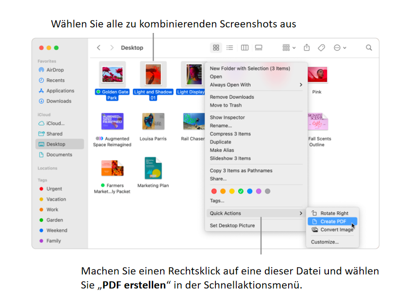Mehrere Screenshots in eine PDF-Datei auf Mac zusammenführen mit Schnellaktionen