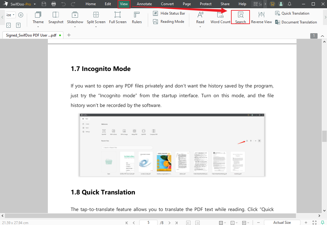 Go to the View tab and click the Search option in SwifDoo PDF