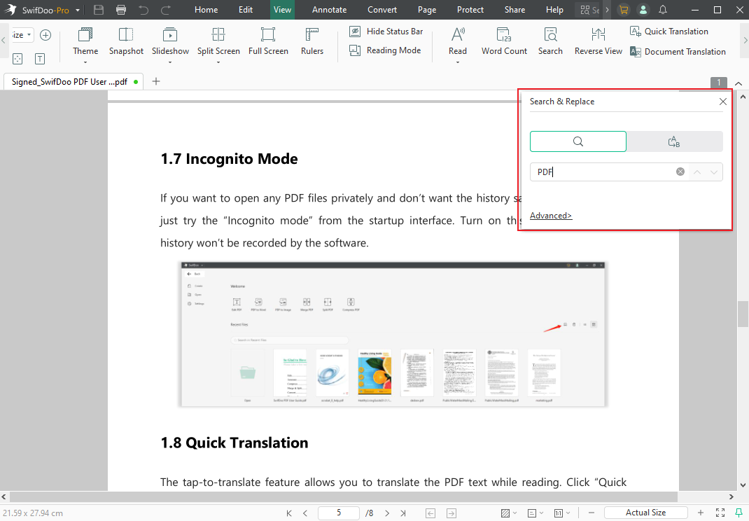 Type in the text you want to search in the Search panel of SwifDoo PDF