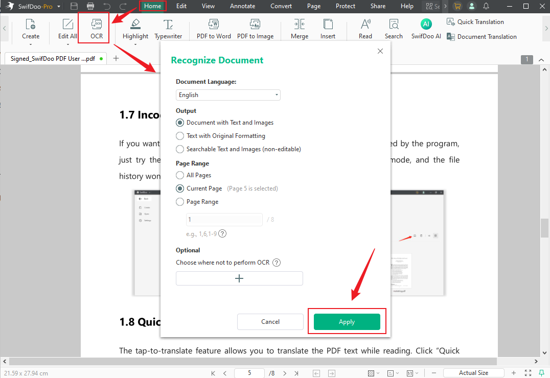 Click the OCR option under the Home tab to OCR the scanned PDF in SwifDoo PDF