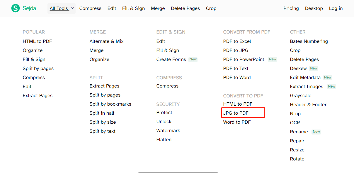 Use Sejda PDF Online to convert JPG to PDF