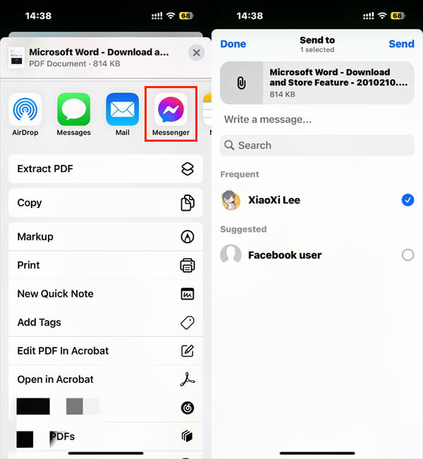 Send PDF in Messenger on iPhone