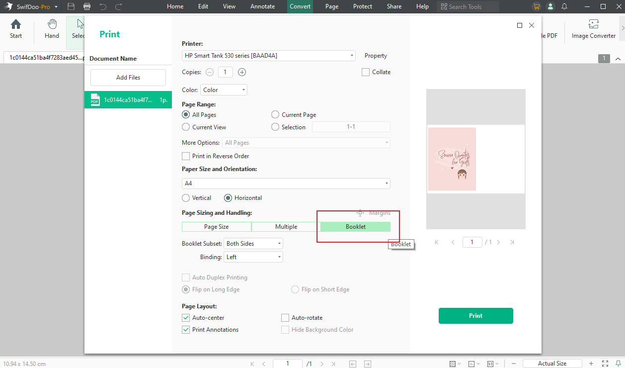 Print the PDF file as a booklet in SwifDoo PDF