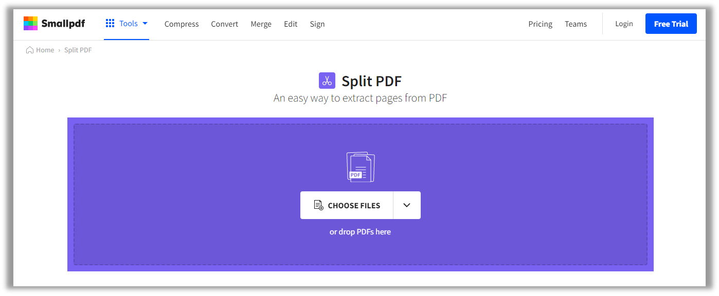 Smallpdf online PDF cutter page