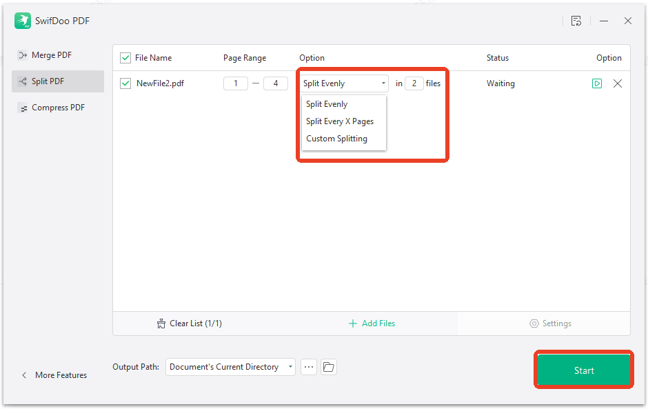 configure the split options