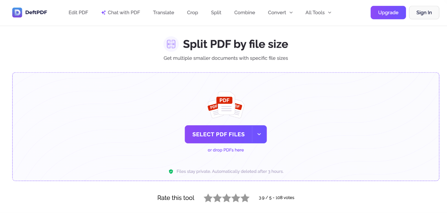 Click SELECT PDF FILES to import the large PDF you want to split in DeftPDF