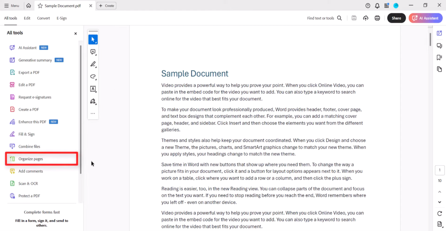 Click Tools and select the Organize Pages option in Adobe Acrobat