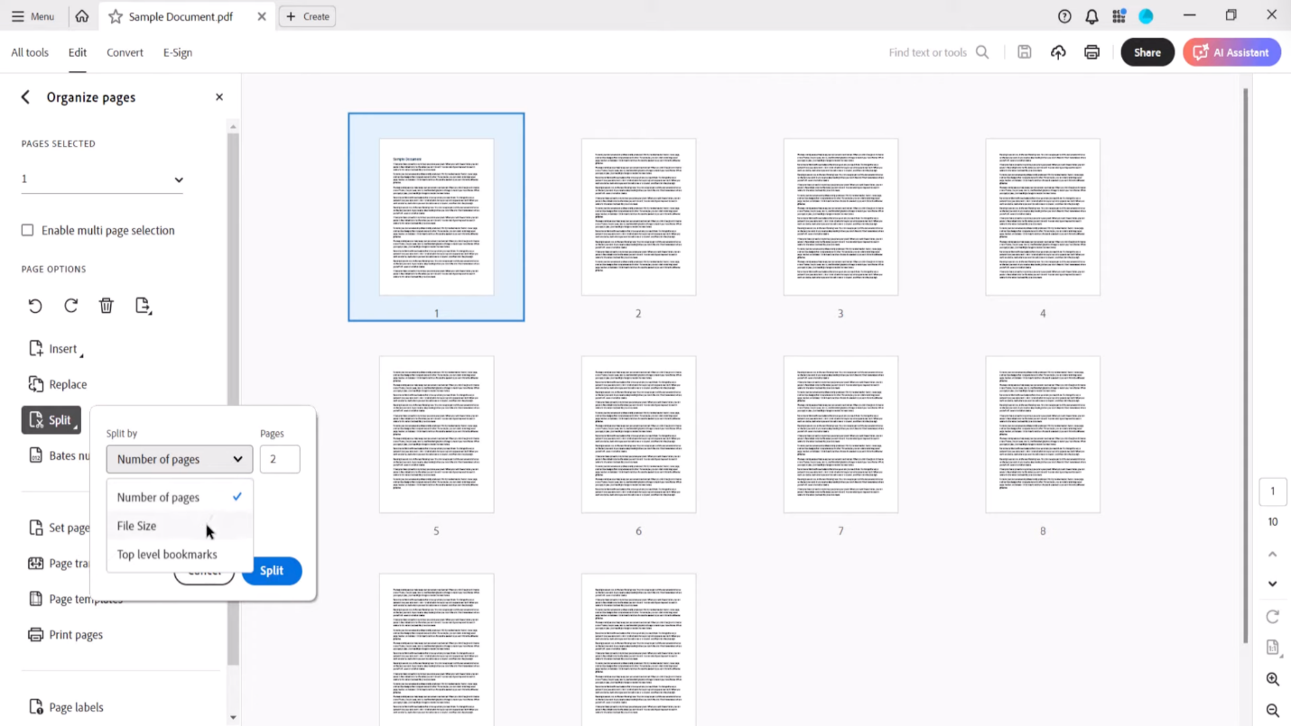 Select the File Size option under the Split by section in Adobe Acrobat