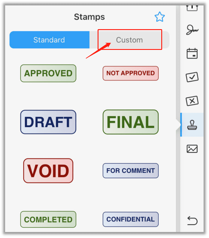 Navigieren Sie zur oberen Menüleiste und wählen Sie Anmerkungen > Stempel. Fügen Sie der PDF-Datei die Standard-Stempel hinzu.