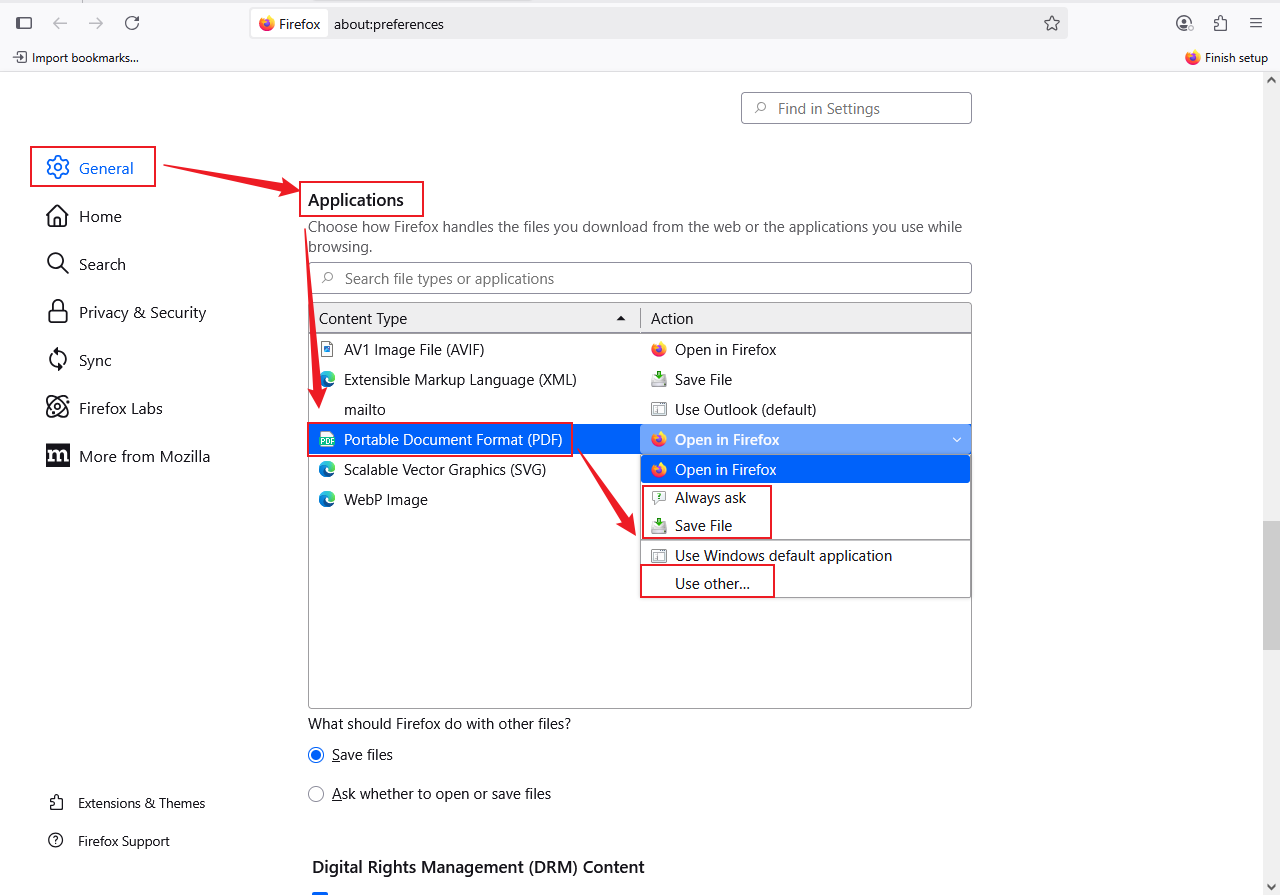 Set Always ask, Save File, or Use other option for PDF files in Firefox