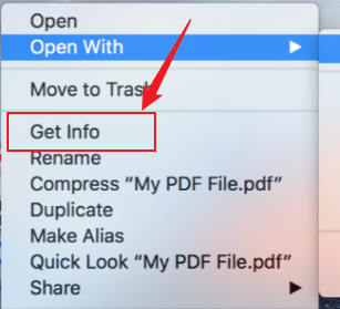 Click the Get Info option after right-clicking the PDF on Mac