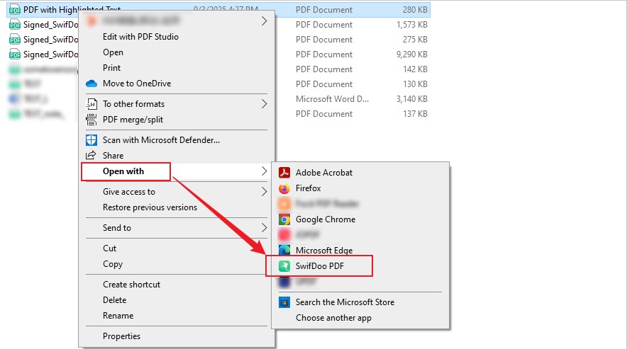 Right-click the PDF to go to Open with and choose SwifDoo PDF to open the PDF file
