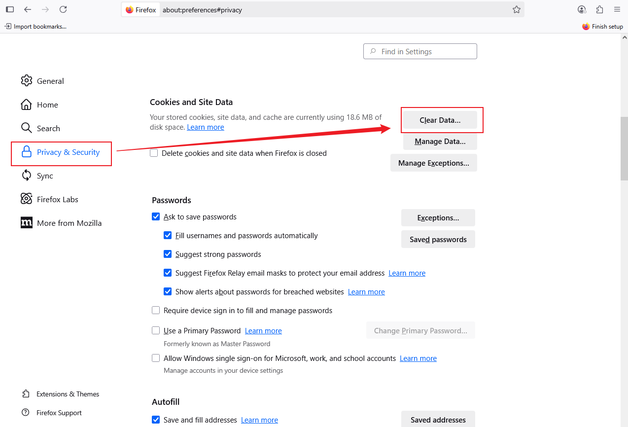 Go to Privacy & Security and click the Clear tab in Firefox