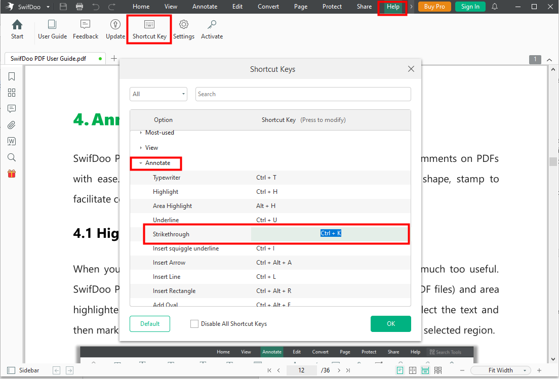 Strikethrough shortcut PDF 1