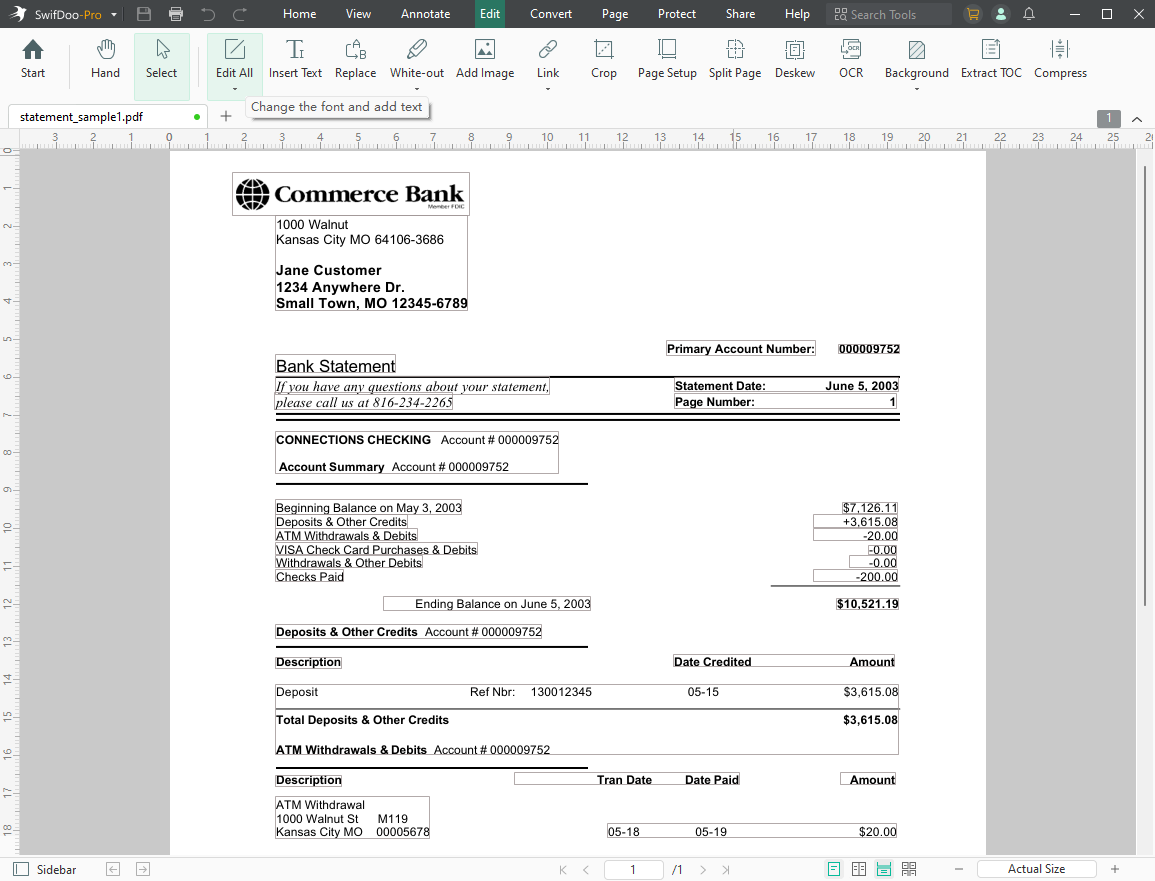 SwifDoo PDF Edits Bank Statement Offline