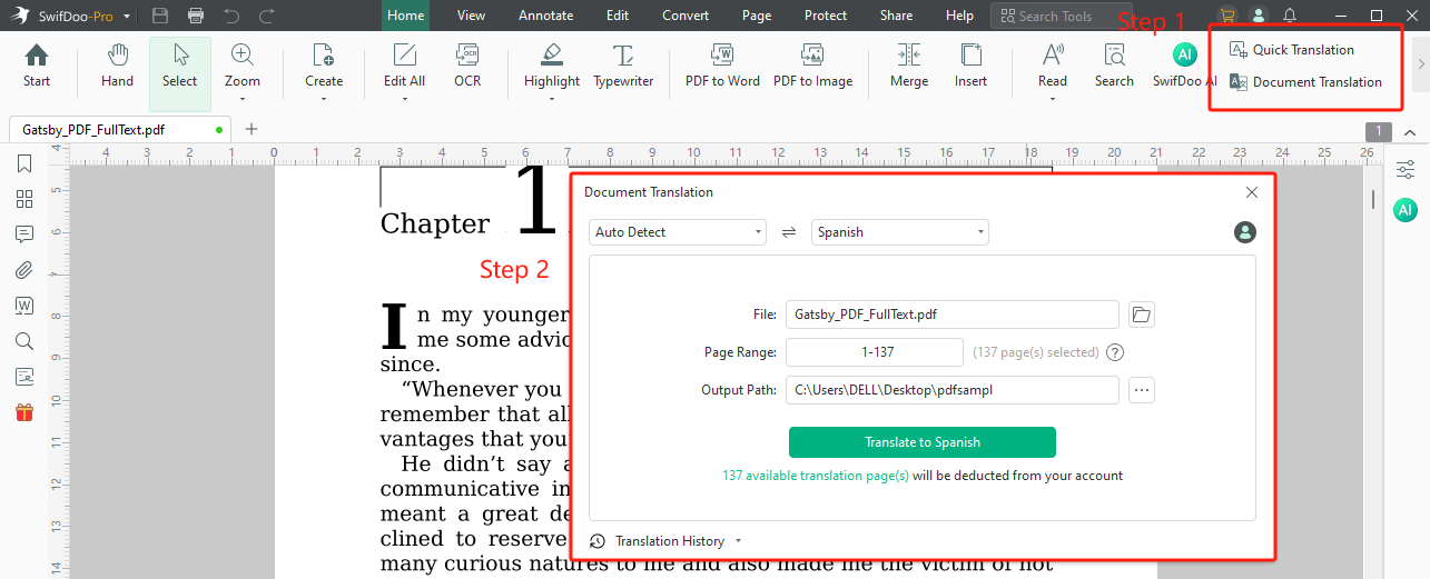 SwifDoo PDF Quick/Document Translation Feature