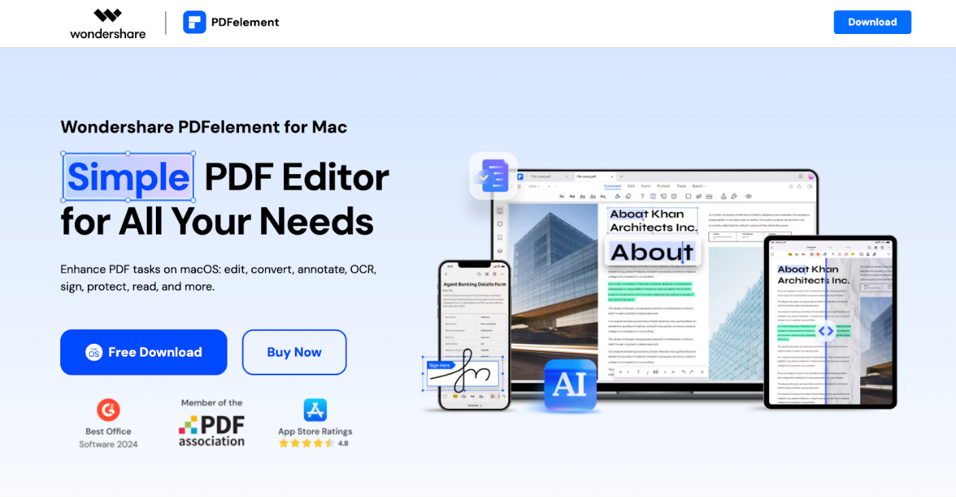 The website interface of Wondershare PDFelement