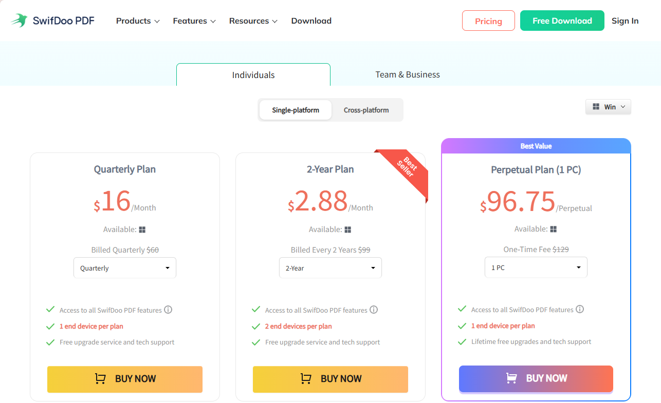 The pricing interface of SwifDoo PDF
