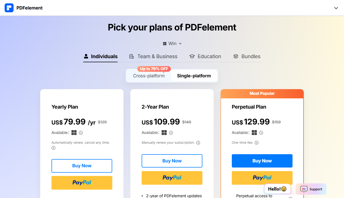 The pricing interface of Wondershare PDFelement