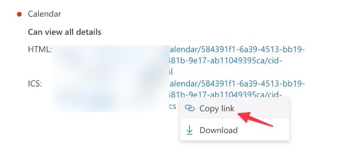 Copy ICS Link from Outlook