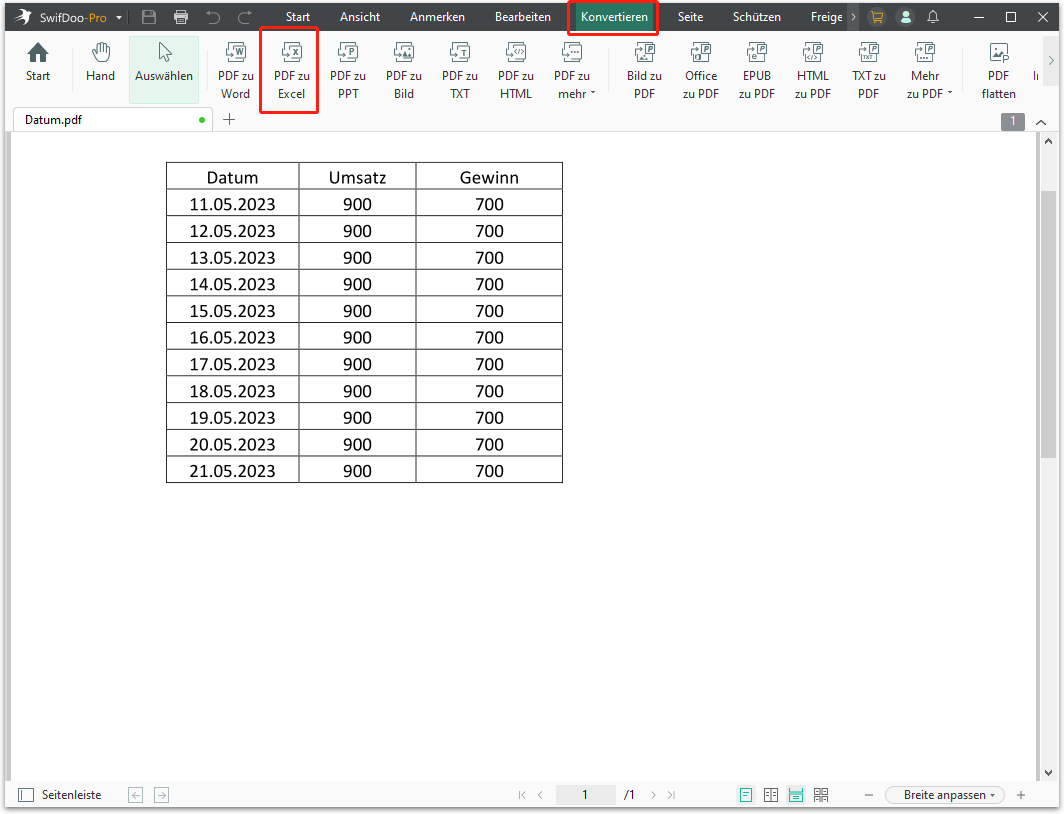 Tippen Sie auf das Menü Konvertieren am oberen Rand des Fensters und wählen Sie PDF in Excel;