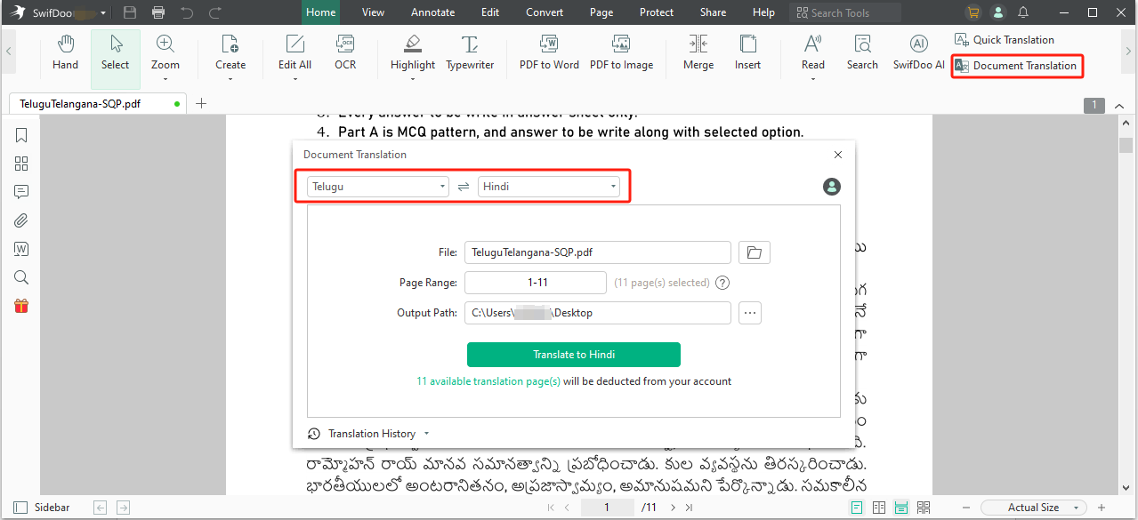 Telugu to Hindi translation PDF with SwifDoo PDF document translation