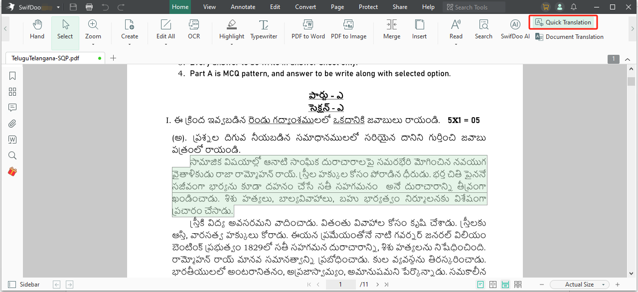 Telugu to Hindi translation PDF with SwifDoo PDF text translation step 2