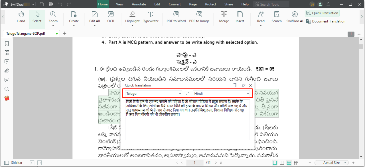 Telugu to Hindi translation PDF with SwifDoo PDF text translation step 3