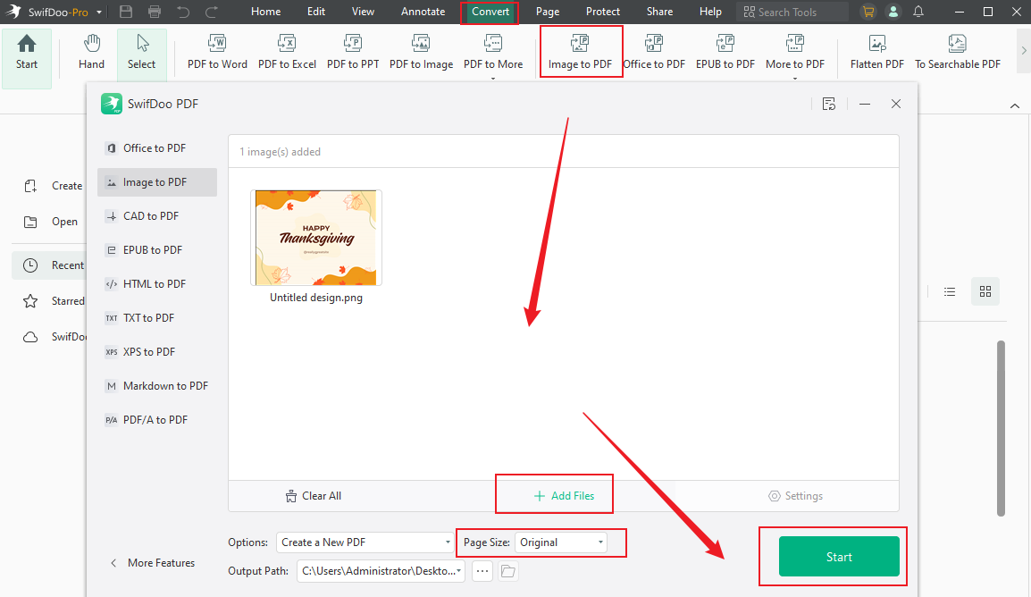 Click the Image to PDF option to turn the Thanksgiving card image into a PDF in SwifDoo PDF