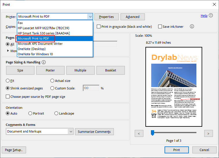 Select Microsoft Print to PDF or Adobe PDF as the printer in Adobe Acrobat