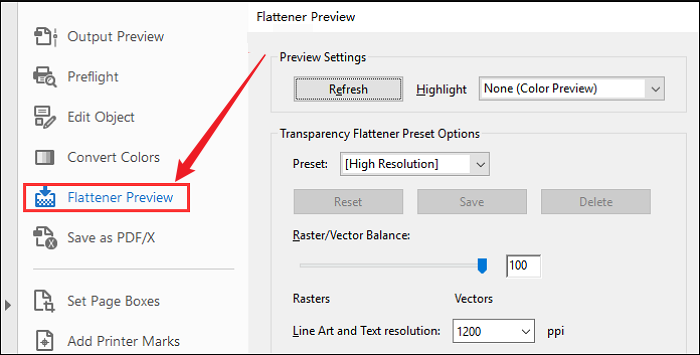 Go to Flatten Preview in Adobe Acrobat