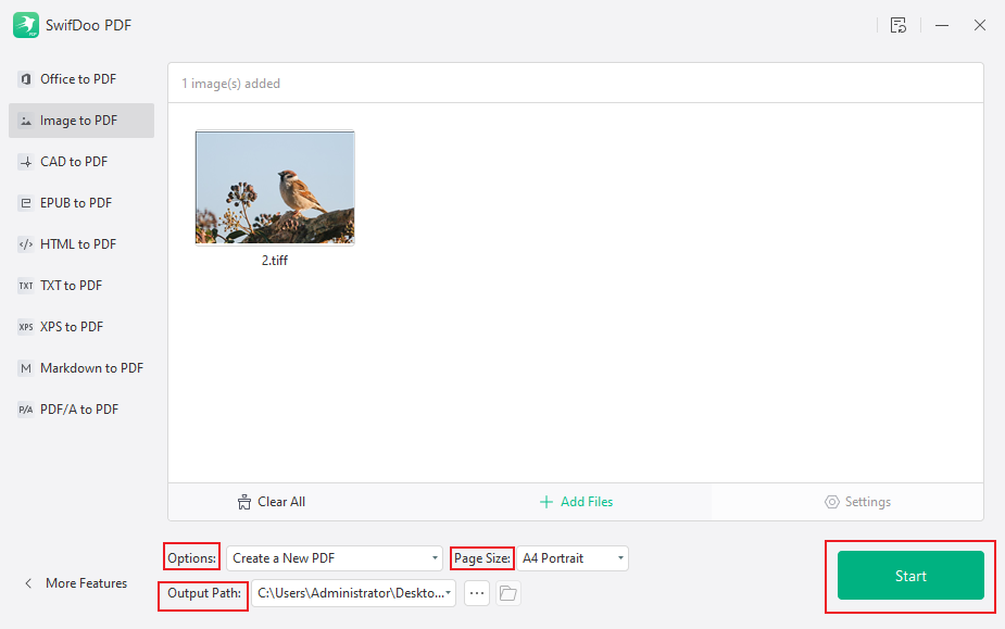Customize the output settings for the TIFF to PDF conversion and click Start in SwifDoo PDF